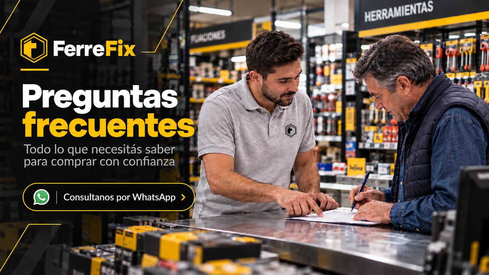 Ferrefix. Preguntas frecuentes. Todo lo que necesitás saber para comprar con confianza. Consultanos por WhatsApp.